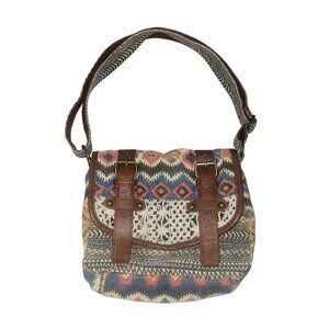 Boho Tribal Pattern Canvas Crossbody Bag With Faux Leather Straps & Magnetic Clo